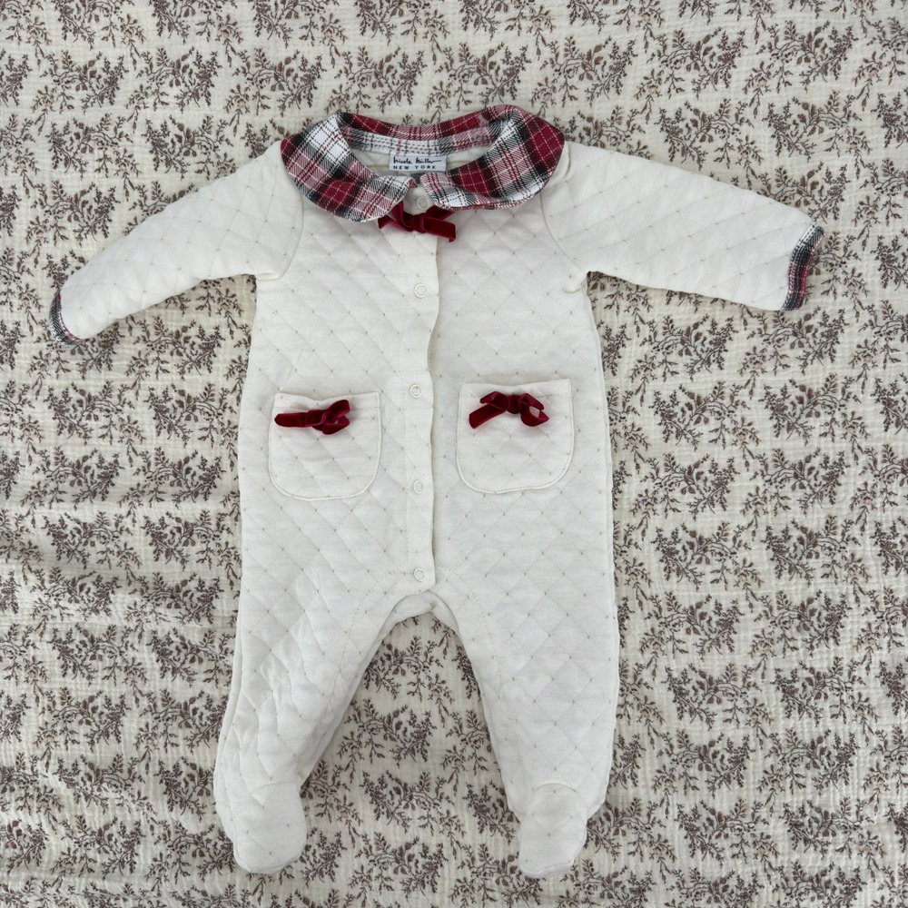 Nicole Miller Quilted Sleeper Baby Girl 0-3M Ivory Christmas Plaid Velvet Bows